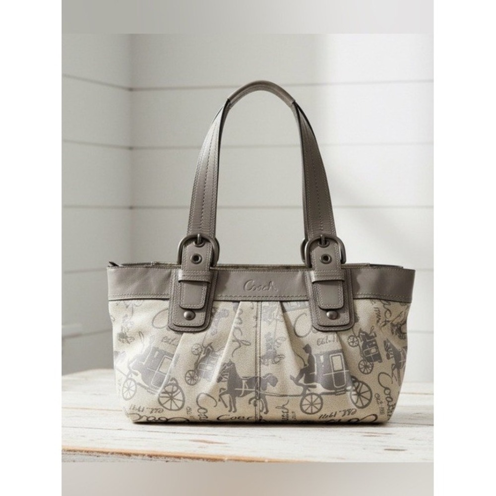 Coach Horse and Carriage Pleated Soho Tote Bag Gray Canvas Leather F15212